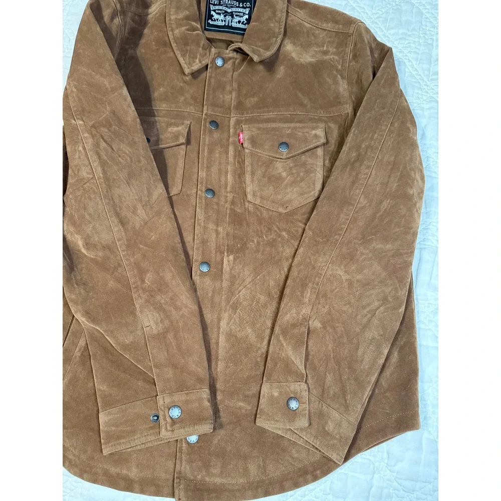 Levis Mens Faux Suede Trucker Jacket Brown Zip Front Snap Shirt Jacket Medium - Picture 2 of 13